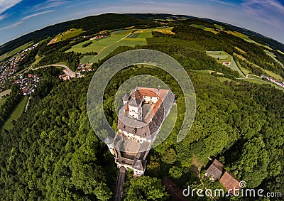 Aerial photo of castle Greifenstein at the franconian suisse Stock Photo