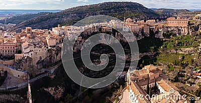 Aerial photo of Cuenca with view of medieval buildings Editorial Stock Photo