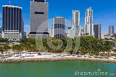 Aerial photo Downtown Miami Bayfront Park shut down due to Coronavirus Covid 19 Editorial Stock Photo