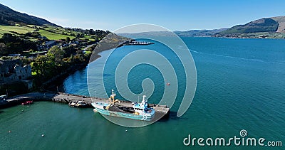 Aerial photo of a Fishing boat in Carlingford Harbour and Lough County Louth on Irish Sea Ireland Editorial Stock Photo