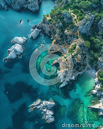 Aerial photo of landscape, beautiful coastline with rocky cliffs covered in green trees. Water is clear turquoise, waves Stock Photo