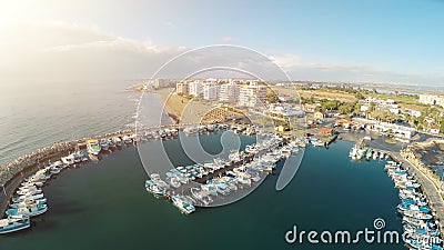 Aerial photo of Larnaca bay and fishermen boats in Cyprus panoramic view of port Stock Photo