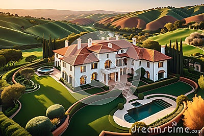 Aerial Photo of a Luxurious Estate at Sunset - Nestled in Rolling Hills, Sharp Focus on the Sprawling Grandeur Stock Photo