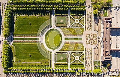 Aerial photo over Ludwigsburg royal palace historic building in spring time with beautiful garden with flower and green grass Editorial Stock Photo