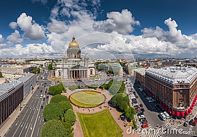 Aerial photo panorama of Isaac cathedral at day time, panorama of city, cityscape, golden dome, Neva river, square, streets and Editorial Stock Photo