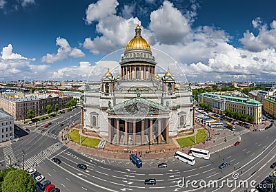 Aerial photo panorama of Isaac cathedral at day time, panorama of city, cityscape, golden dome, Neva river, square, streets and Editorial Stock Photo