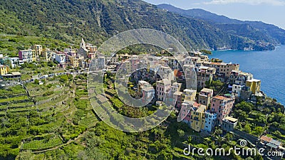 Aerial photo shooting with drone on Corniglia one of the famous Cinqueterre Stock Photo