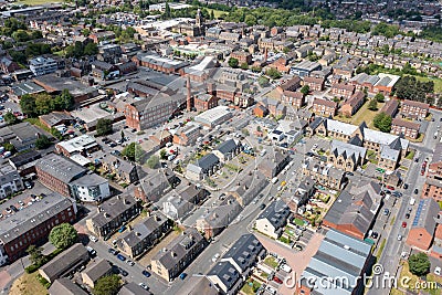 Aerial photo of the village of Morley in Leeds, West Yorkshire in the UK, showing an aerial drone view of the main street and Stock Photo