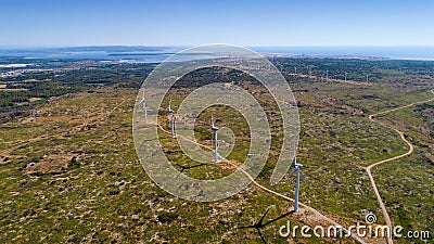 Aerial photo of wind turbines in the Corbieres mountains Stock Photo