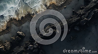 Aerial View Of Moody Tonalism: Ocean And Rocky Lava Rocks Stock Photo