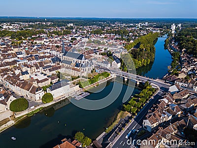 Aerial photography of the bank of Loing river in Nemours city Stock Photo