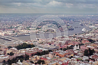 Aerial Photography a European city, divided navigable river. Stock Photo