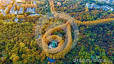 Aerial photography of Meiling Palace Scenic Spot in Nanjing City, Jiangsu Province, China and the Nanjing urban building complex Stock Photo