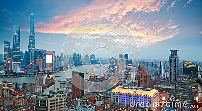 Aerial photography at Shanghai bund Skyline of Sunset glow Editorial Stock Photo