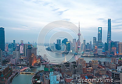 Aerial photography at Shanghai bund Skyline of twilight Stock Photo