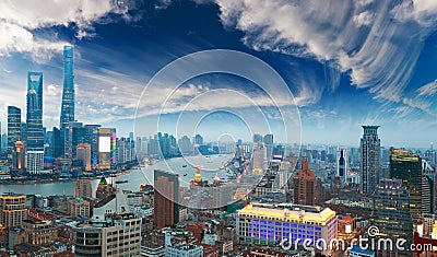 Aerial photography at Shanghai bund Skyline of twilight Stock Photo