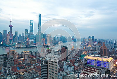 Aerial photography at Shanghai bund Skyline of twilight Stock Photo