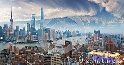 Aerial photography at Shanghai bund Skyline of twilight Stock Photo