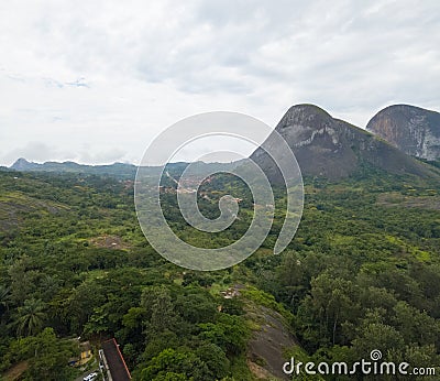 Aerial Photography of a tropical landscape, with forest and mountains Kumbira forest reserve , huge geologic rock elements Stock Photo