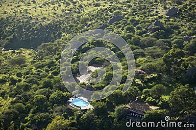 Aerial photos of overlooking Lewa Conservancy and lodging in Kenya, Africa Stock Photo