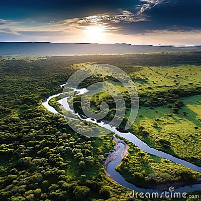 Aerial photos of river and Lewa Conservancy in Africa Cartoon Illustration