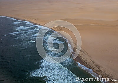 Aerial picture of the landscape of the Namib Desert and the Atlantic Ocean on the Skeleton Coast in western Namibia Stock Photo