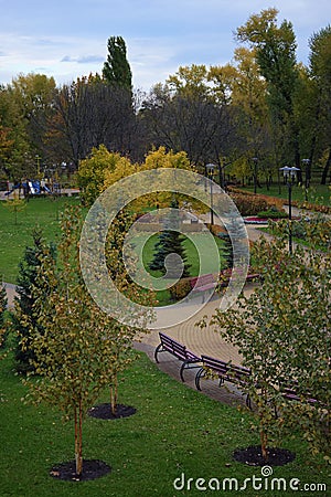 Aerial picturesque autumn landscape view of Park Natalka in Kyiv. Autumn foliage, city park in day, trees and lawn Stock Photo