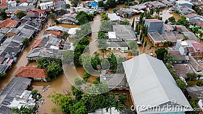 Aerial POV view Depiction of flooding. devastation wrought after massive natural disasters at Bekasi - Indonesia Stock Photo