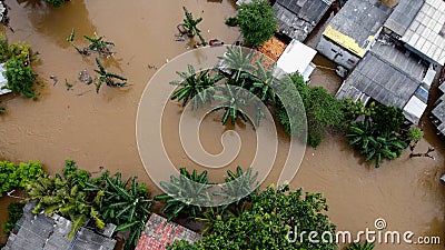 Aerial POV view Depiction of flooding. devastation wrought after massive natural disasters at Bekasi - Indonesia Stock Photo