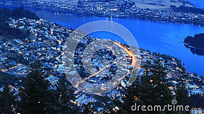 Aerial of Queenstown, New Zealand at dusk Stock Photo