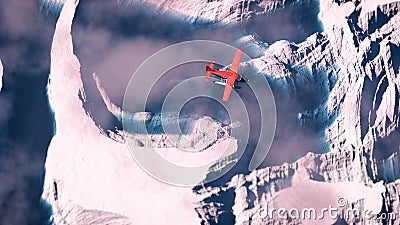 Aerial of red airplane flying over arctic snow landscape with bl Stock Photo