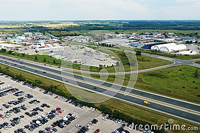 Aerial scene of a large Truck Stop in Ontario, Canada in summer Editorial Stock Photo