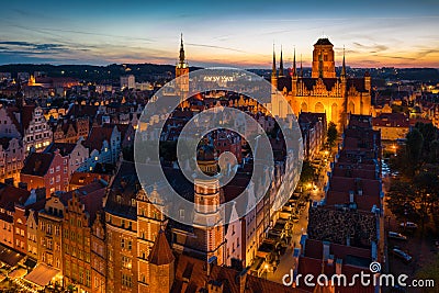 Aerial scenery of the old town in Gdansk at dusk. Poland Editorial Stock Photo