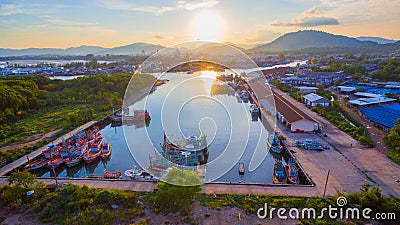 aerial view reflection of sunset at three junction canal Stock Photo