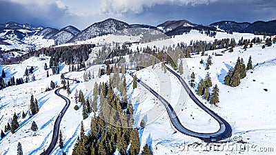 Aerial scenic footage of Fundata Pass in Carpathian Mountains Stock Photo
