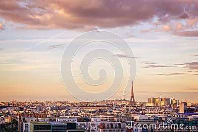Aerial scenic view of Paris with the Eiffel tower at sunset, Montmartre in the background, France city travel concept Stock Photo
