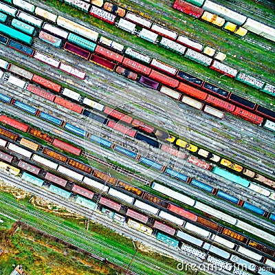 Aerial shoot of railway tracks with lots of wagons Stock Photo