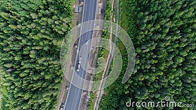 Aerial shot of beauty forest nature landscape with road. Stock Photo