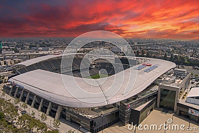 aerial shot of BMO Stadium at Exposition Park with lush green trees and grass and office buildings, retail stores and apartments Editorial Stock Photo