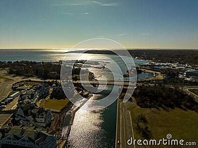 Aerial shot of a bridge over the waters in Hampton Bays, New York on a sunny day Stock Photo