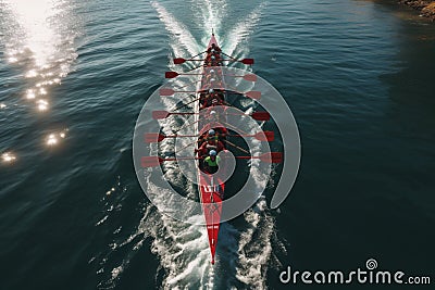 Aerial shot capturing rowers in the sea, displaying synchronized perfection Stock Photo