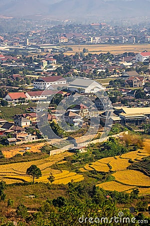 Aerial shot of the City of Xiangkhouang in Laos Stock Photo