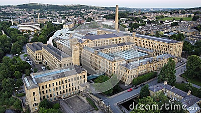 Aerial shot of cityscape Saltaire with Salts Mill building in daylight Editorial Stock Photo