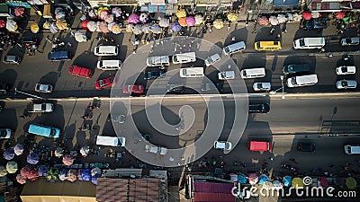 Aerial shot of colorful buses at lorry station in Ghana Editorial Stock Photo