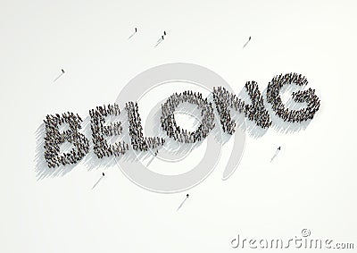 Aerial shot of a crowd of people forming the word 'Belong'. Conc Stock Photo