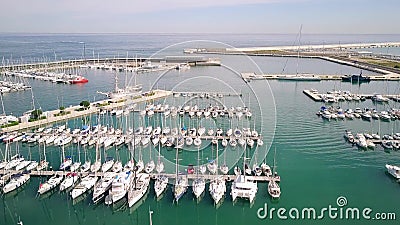 Aerial view of docked sailboats at marina Stock Photo