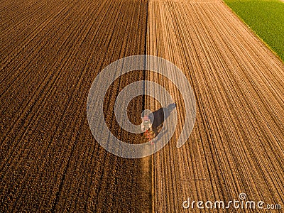 Aerial shot of a farmer plowing stubble field Stock Photo