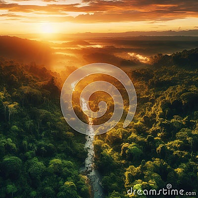 aerial shot of the lush green amazon rainforest at sunrise Stock Photo