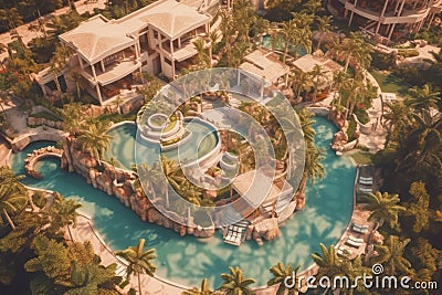 Aerial shot of a luxurious beach resort on tropical island, featuring stunning infinity pools, private villas, and pristine Stock Photo