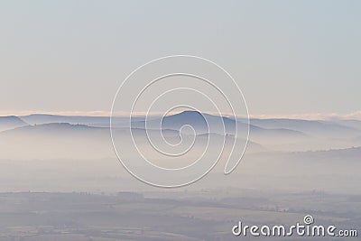 Aerial shot of the misty Black Mountains in Wales Stock Photo